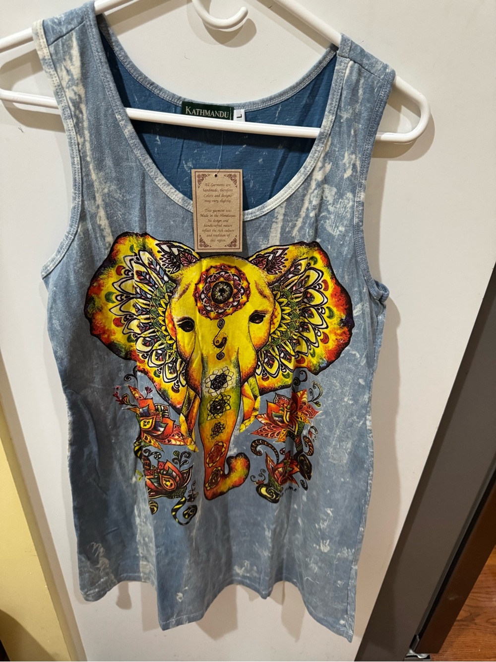 Kathmandu Blue Tie-Dye Tank with Yellow & Orange Elephant Graphic